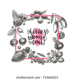 Vector hand drawn berries illustration. Vintage style. Retro sketch background.