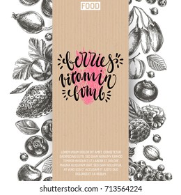 Vector hand drawn berries Illustration. Seamless border. Vintage style sketch background