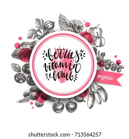 Vector hand drawn berries illustration. Vintage style. Retro sketch background.
