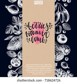 Vector hand drawn berries Illustration. Seamless  border. Vintage style sketch chalkboard background.