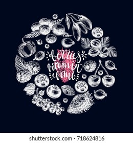 Vector hand drawn berries illustration. Vintage style. Retro chalkboard sketch background