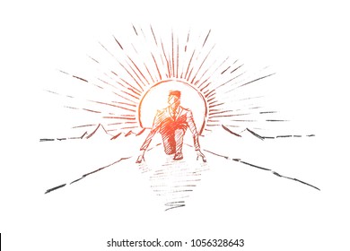 Vector hand drawn the best start concept sketch. Business man sitting on his haunches on road and preparing to start running.