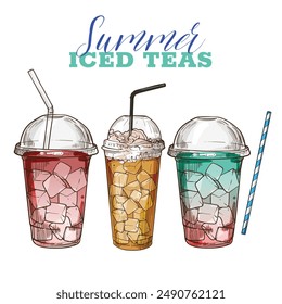 Vector hand drawn beverages with ice cubes in plastic cup with lid and straws. Summer ice teas. Drinks assets ready to use and easy to edit.