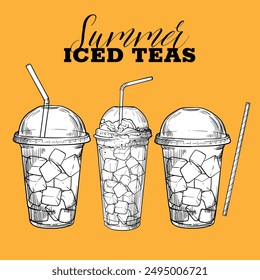 Vector hand drawn beverages with ice cubes in plastic cup with lid and straws. Summer ice teas. Drinks assets ready to use and easy to edit. Black outline and white fill in separate groups.