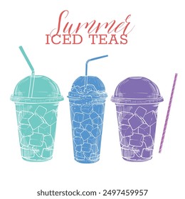 Vector hand drawn beverages with ice cubes in plastic cup with lid and straws. Summer ice teas. Drinks assets ready to use and easy to edit. Colored flat fills in separate groups.