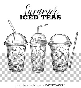 Vector hand drawn beverages with ice cubes in plastic cup with lid and straws. Summer ice teas. Drinks assets ready to use and easy to edit. Black outline, no fill, with fine details. 