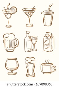 vector hand drawn beverages icons set on beige