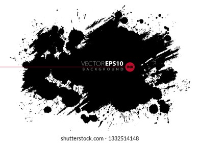 Vector hand drawn big brush stain with blots. Monochrome ink painted stroke. Painted by brush black stain. Monochrome artistic backdrop. One color grungy background.