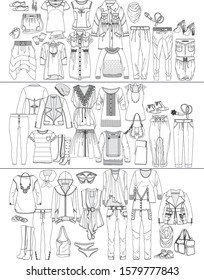 Vector Hand drawn big collection of woman clothes and accessories icons, design elements doodle thin line style.