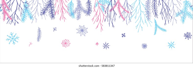 Vector hand drawn big flower and plant collection. Cute and elegant botanical floral set. Seamless flower border.