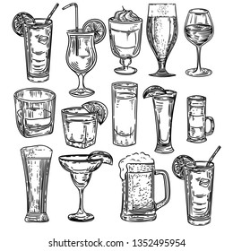 Vector Hand Drawn Of Big Set With Alcohol Drinks.