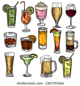 Vector hand drawn of big set with alcohol drinks.