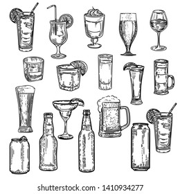 Vector hand drawn of big set with alcohol drinks.	