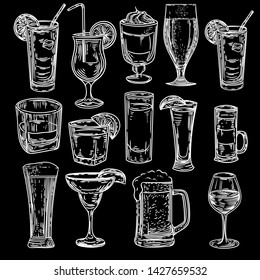 Vector Hand Drawn Of Big Set With Alcohol Drinks Isolated On Black.