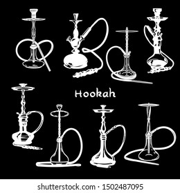 Vector hand drawn big set of hookahs isolated on black background.