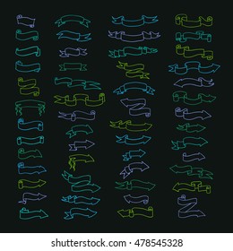 Vector  hand drawn big set of ribbon banners and arrows isolated on black background and easy to use. Black and white collections. 