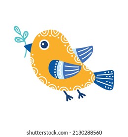 Vector hand drawn bird with plant. Yellow and blue bird taking a leave. Illustration in flat style. Peace card.