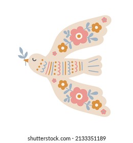 Vector hand drawn bird with plant. Illustration in flat style. Peace card. Pigeon with floral ornament. Isolated.