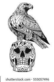 Vector hand drawn bird of prey sitting on human skull. Illustration in bohemian style.