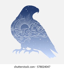 Vector hand drawn bird of prey head. Illustration in bohemian style.