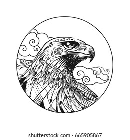 Vector hand drawn bird of prey head. Illustration in bohemian style.