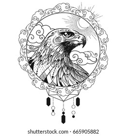 Vector hand drawn bird of prey head. Illustration in bohemian style.