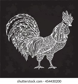 Vector hand drawn bird rooster isolated on white background. Black and white zentangle art. New Year with chinese symbol of cock. Zodiac 2017. Boho style. Sophisticated graphic drawing.Design holidays