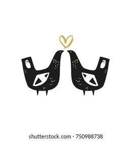 Vector hand drawn birds, greeting card, lovers, couple, chickens, heart, print, poster.