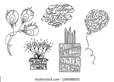 Vector hand drawn birthday cake, balloons and lettering inscription for greeting card design