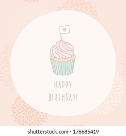 Vector hand drawn birthday cupcake greeting card template