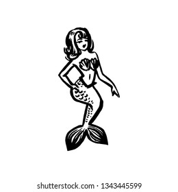 Vector hand drawn black color old school tattoo mermaid on white background