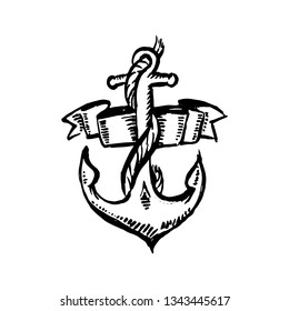 Vector hand drawn black color old school tattoo anchor on white background