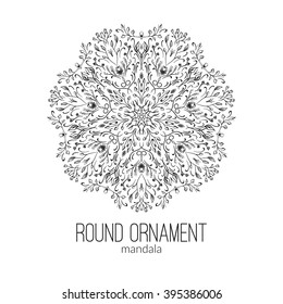 Vector hand drawn black floral mandala circle ornament isolated on the white background. For tattoo design or greetings card, for design, associated with yoga and India. Circle mandala illustration.