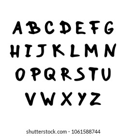 Vector hand drawn black font. Handwritten alphabet, abc capital bold letters set isolated on white background. Hand made typography for posters, invitations, cards design. Marker lettering
