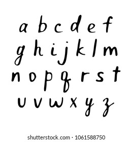 Vector hand drawn black font. Handwritten alphabet, abc lowercase script italic letters set isolated on white background. Hand made typography for posters, invitations, cards design. Marker lettering