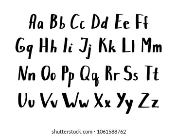 Vector hand drawn black font. Handwritten alphabet, abc capital and lowercase letters set isolated on white background. Hand made typography for posters, invitations, cards design. Marker lettering
