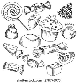 Vector Hand Drawn black graphic candy contour on white background.