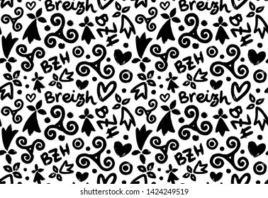 Vector hand drawn black grunge breton symbols: triskels and hermines with letterings BZH and Breizh on white background, vector seamless pattern tile