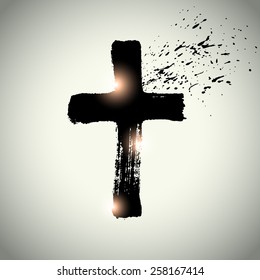 Vector: Hand drawn black grunge cross, simple Christian cross sign