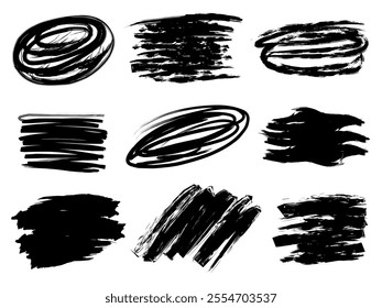 Vector hand drawn of black grungy round and square brush stroke scribble circle collection isolated.