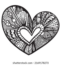 Vector Hand drawn black hearts in zentangle style. Zen doodle Pattern for coloring book. Valentine's day background. Coloring monochrome page for adult anti stress.