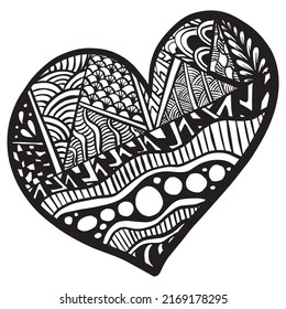 Vector Hand drawn black hearts in zentangle style. Zen doodle Pattern for coloring book. Valentine's day background. Coloring monochrome page for adult anti stress.