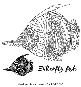 vector hand drawn black ink outlined butterfly fish. 