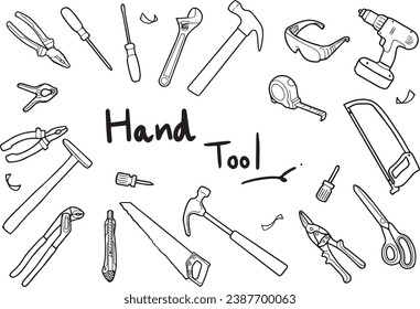 Líneas negras dibujadas a mano vectora sobre un fondo blanco, equipos de carpintería claramente separados, artesanos, artesanías, equipamiento esencial básico de un carpintero, líneas limpias.