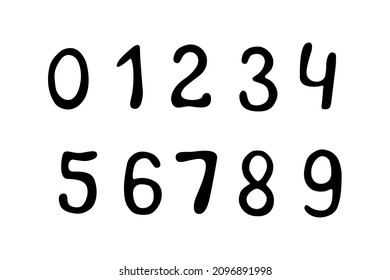Los números negros dibujados a mano por vectores de cero a nueve en estilo plano de doodle. Símbolos matemáticos, signos