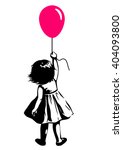 Vector hand drawn black and white silhouette illustration of a toddler girl standing with pink red balloon in hand, back view. Urban street art style graffiti stencil art design element.