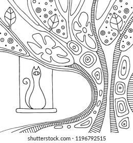 Vector hand drawn black and white illustration with decorative psychedelic tree with branch, leaves, flowers, dots and cat. Cute abstract background. Line drawing. Picture for coloring