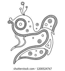 Vector hand drawn black and white illustration of isolated psychedelic  fish with decorative geometrical elements, dots.  Line drawing. Picture for coloring. Childlike doodle style