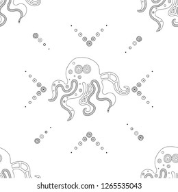 Vector hand drawn black and white seamless pattern, illustration of octopus with decorative geometrical elements, lines, dots. Line drawing. Graphic artistic design.
