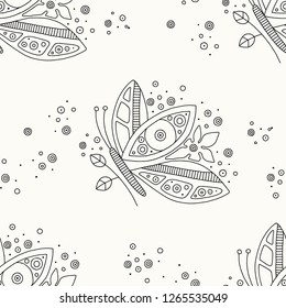 Vector hand drawn black and white seamless pattern, illustration of butterfly with decorative geometrical elements, lines, dots. Line drawing. Graphic design.